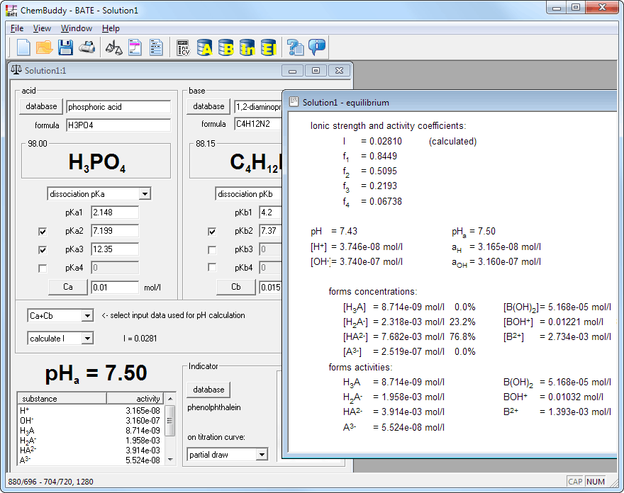 BATE pH calculator - equilibrium view with ion speciation