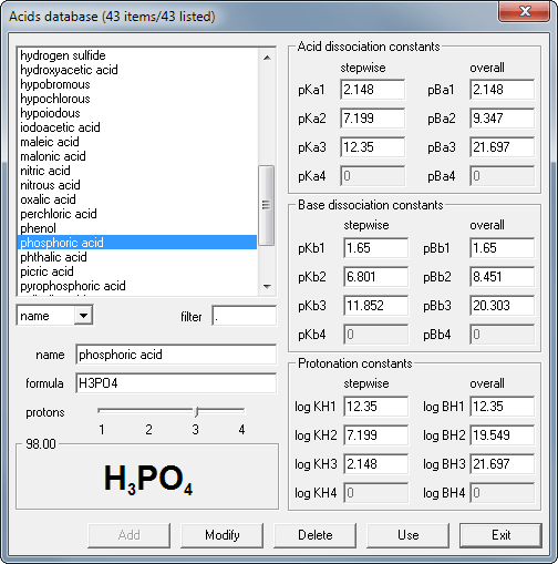 BATE pH calculator - database window with pKa and pKb values