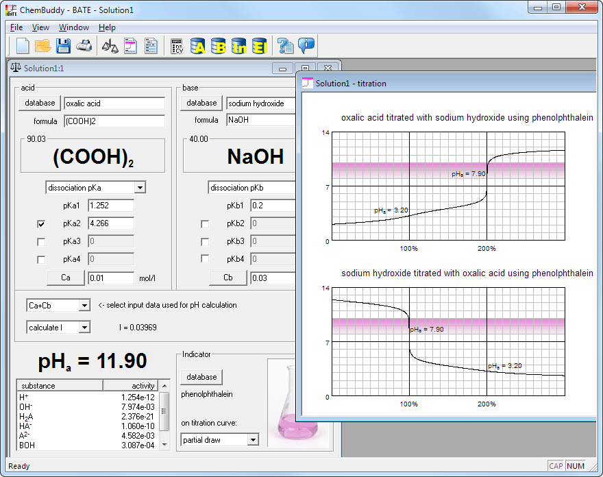 BATE calculates pH of weak/strong acid/base mixtures and their titration curves