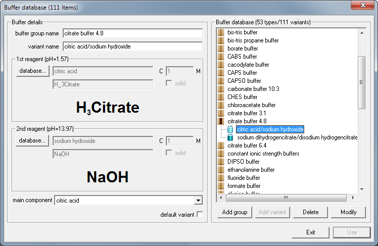 Buffer Maker - selecting citrate buffer from the database