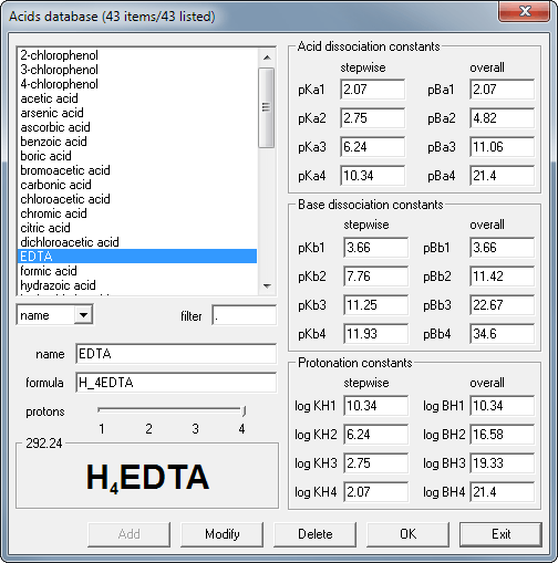 BATE pH calculator - database window with dissociation constants