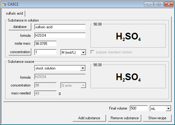 CASC concentration and solution calculator - solution window with sulfuric acid selected