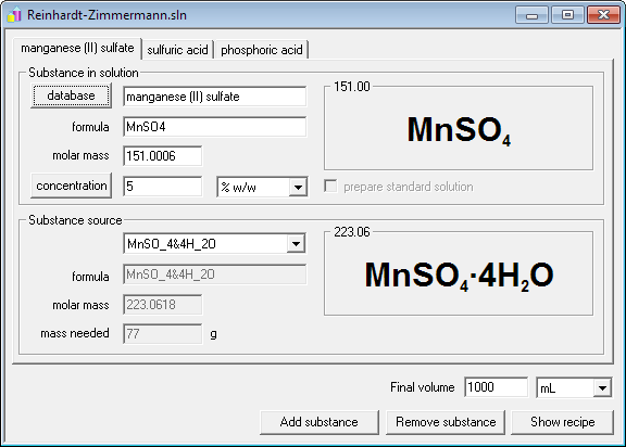 CASC concentration and solution calculator - main solution window