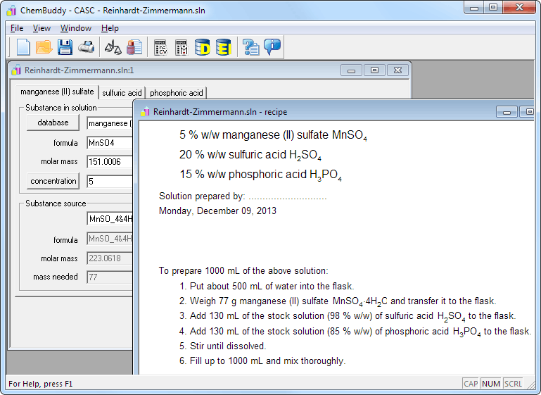 CASC concentration and solution calculator - recipe view